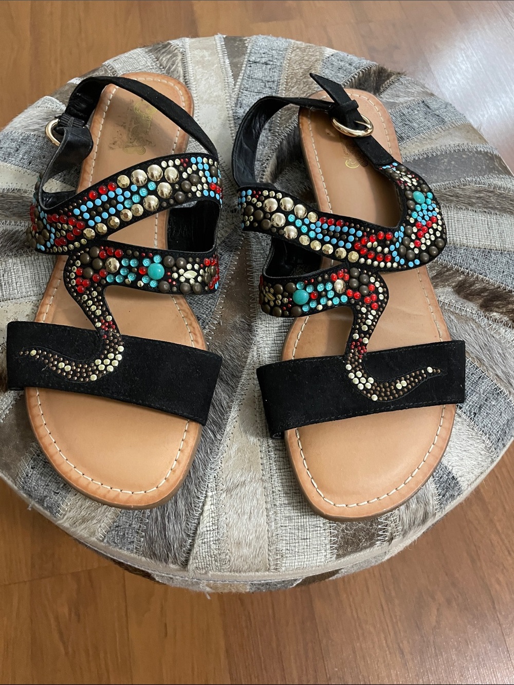 Carlos Santana Black Suede Sandals with Multicolor Studs
